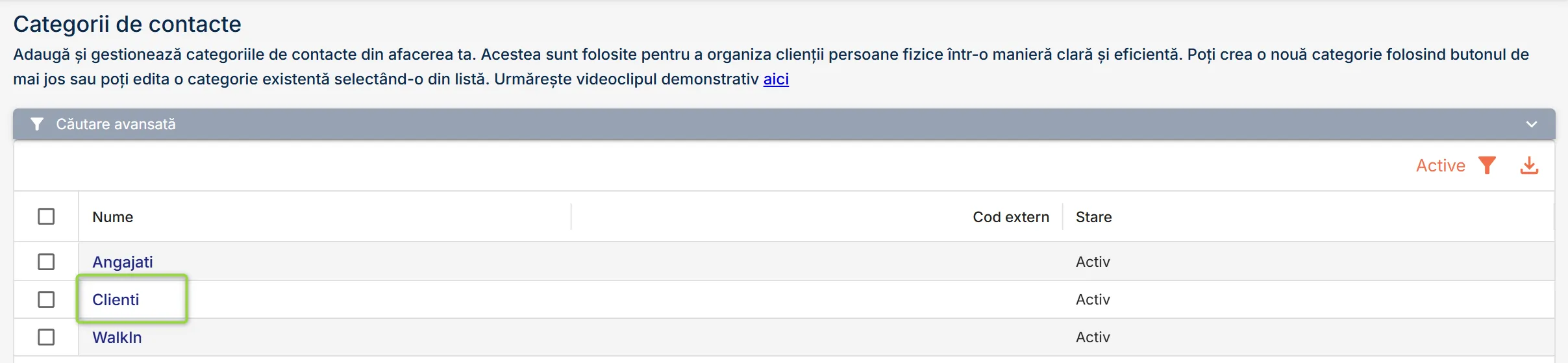 Categorie de contacte Clienți creată automat la configurare Categorie de contacte Clienți creată automat la configurare