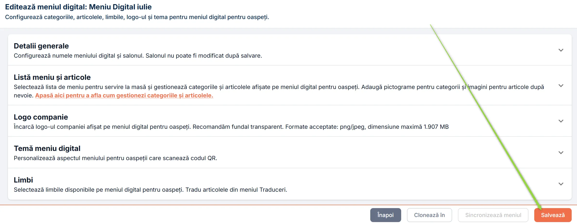 Salvează meniul digital
