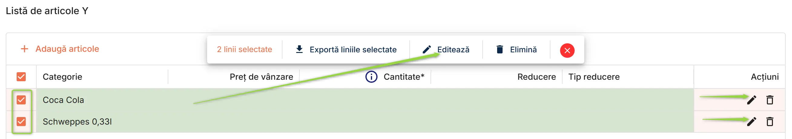 Editează pe rând sau în masă articolele din lista Y