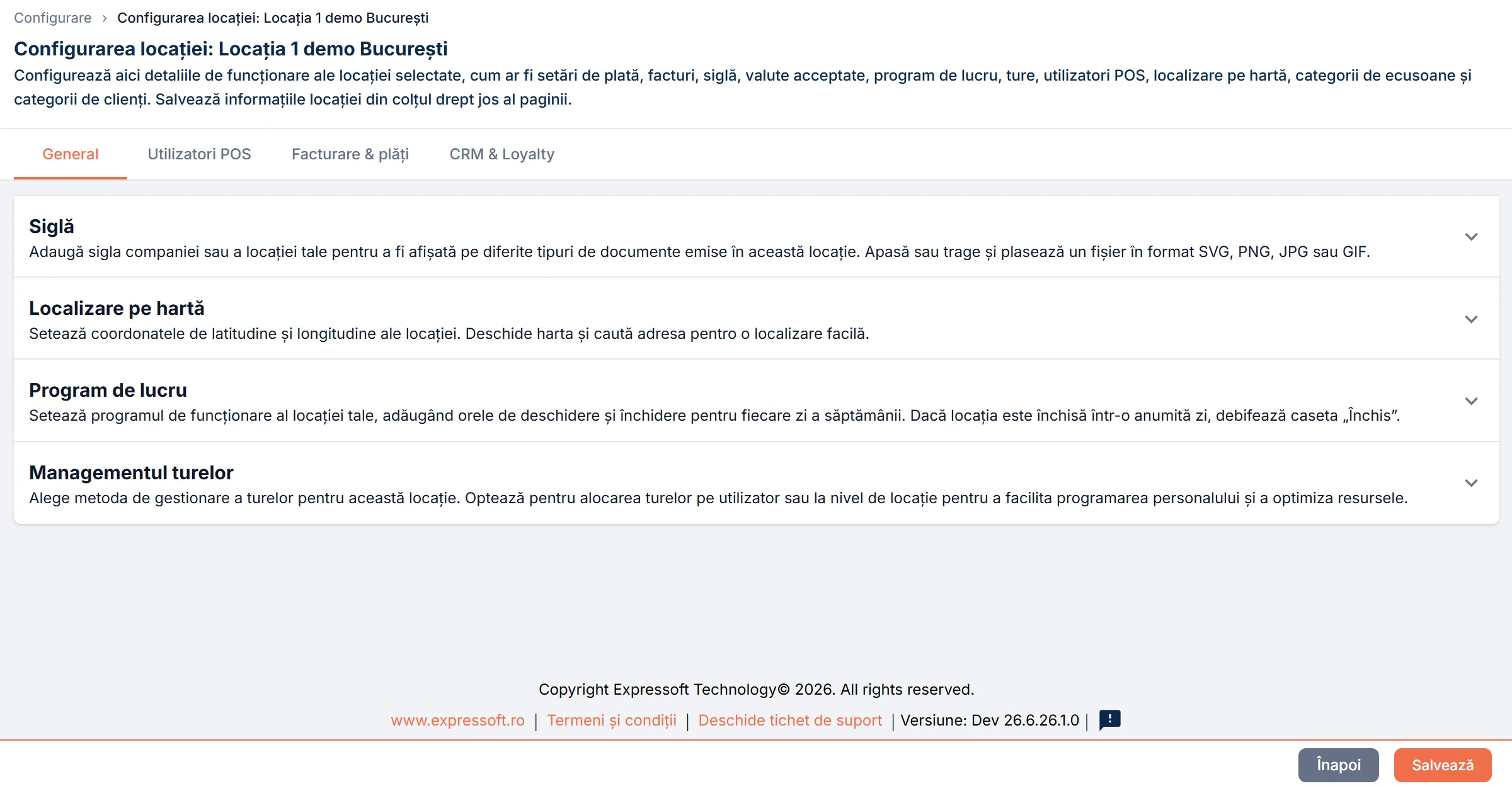 Pagina Configurarea locației