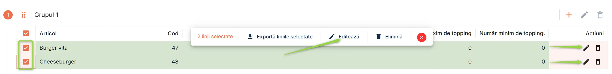 Articole adăugate la promoție pentru care trebuie introdusă cantitatea necesară și reducerea