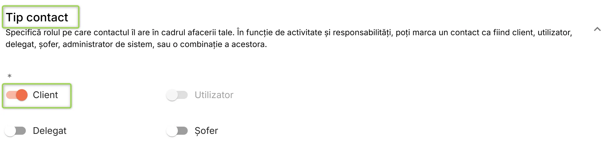 Secțiunea Tip de contact Secțiunea Tip de contact