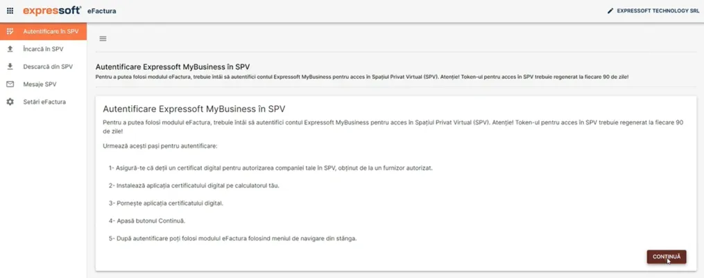 eFactura - Pagina Autentificare în SPV