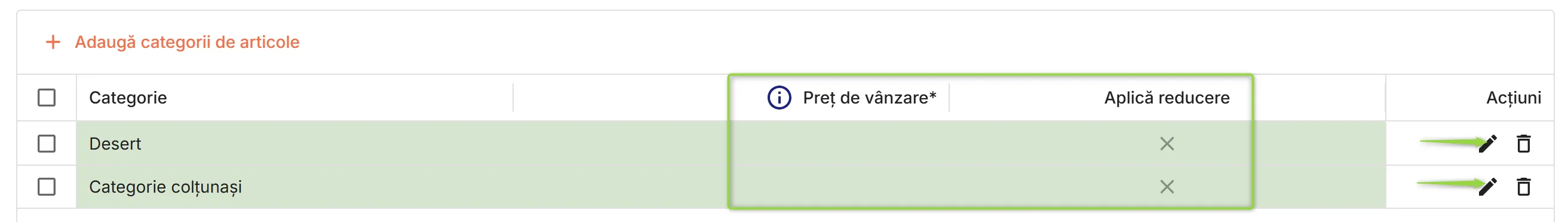 Editare categorii de articole selectate