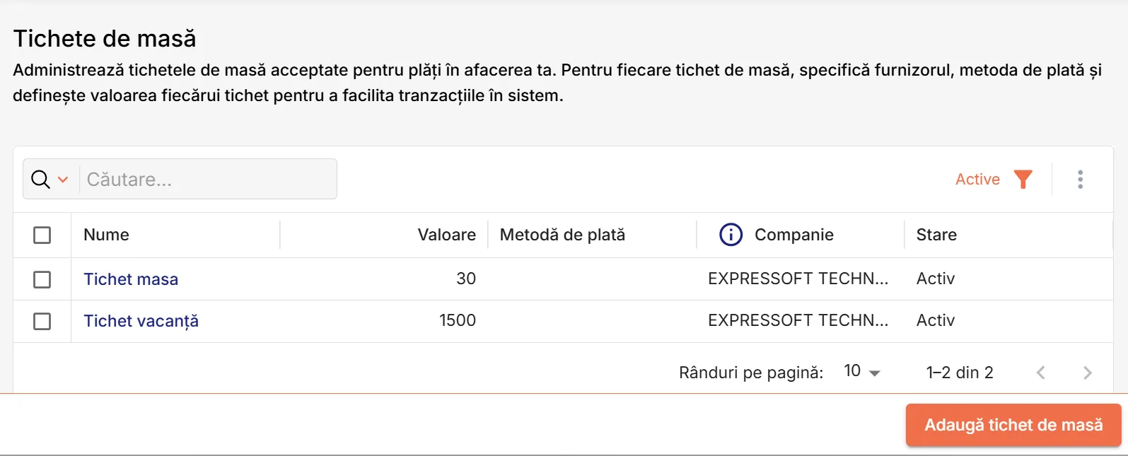Pagina Tichete de masă