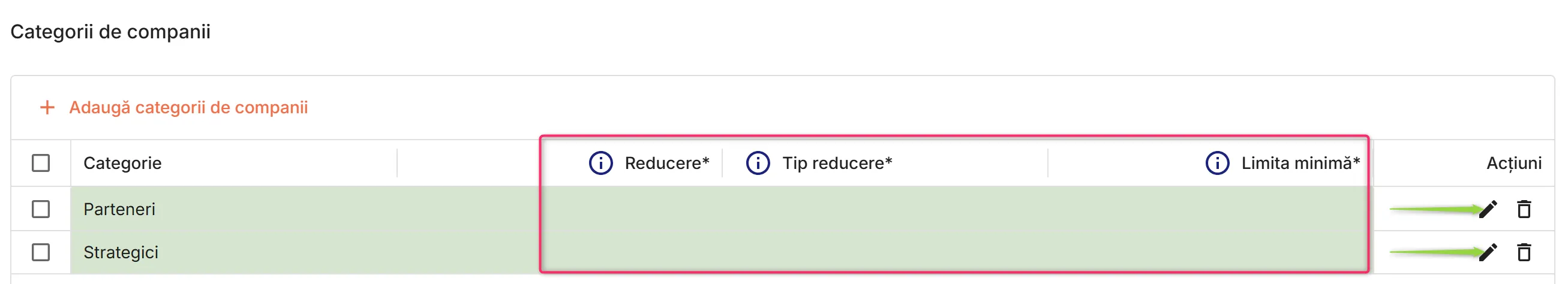 Editare categorii de companii selectate
