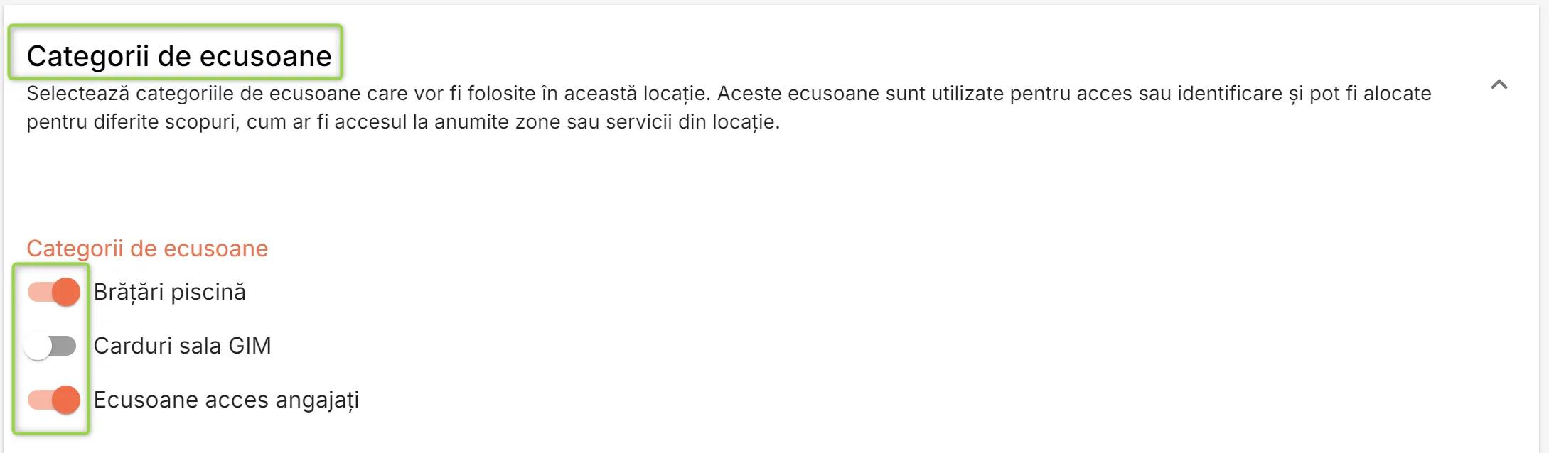 Secțiunea Categorii de ecusoane