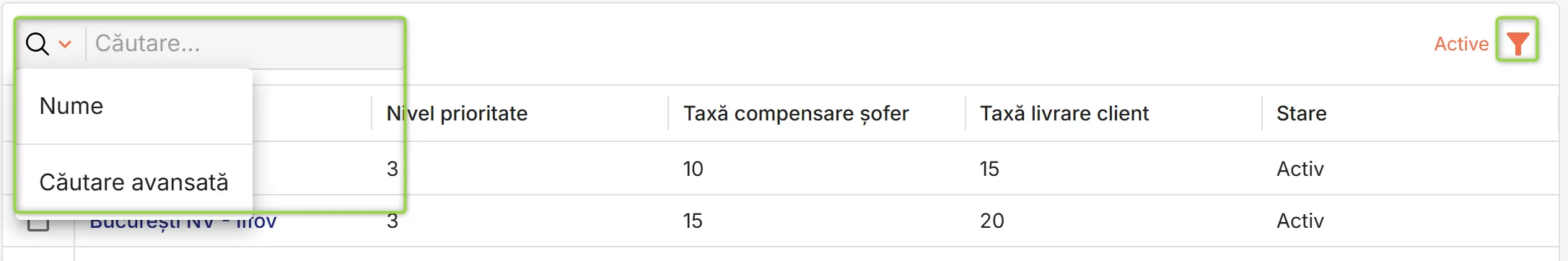 Căutare și filtrare zone