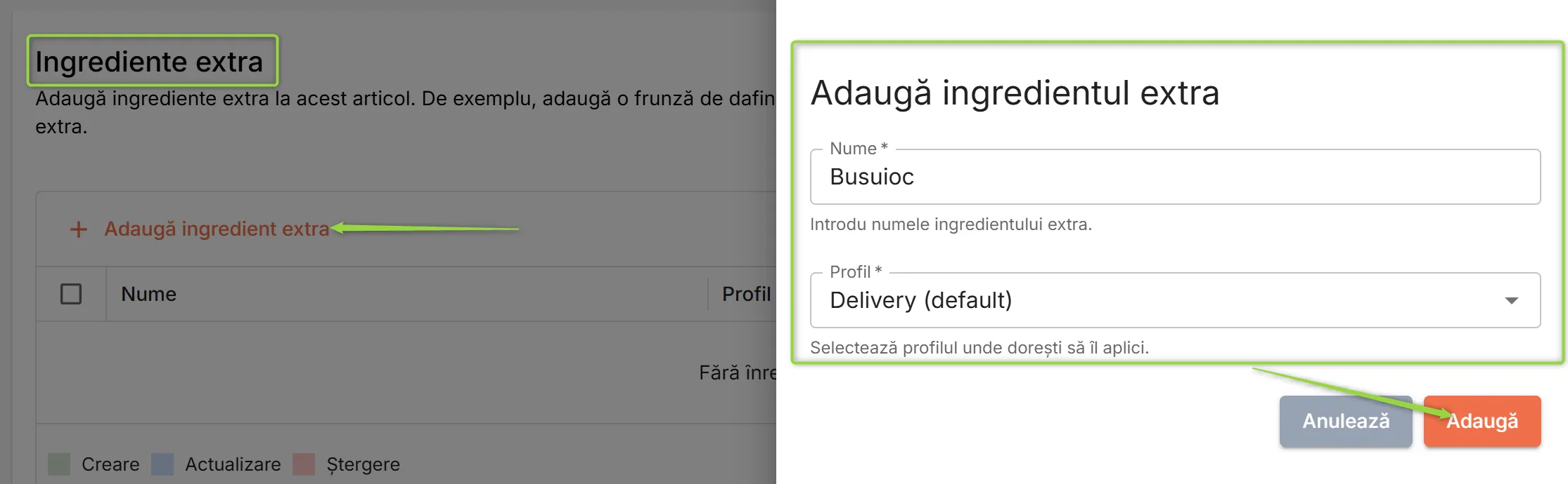 Secțiunea Ingrediente extra Secțiunea Ingrediente extra