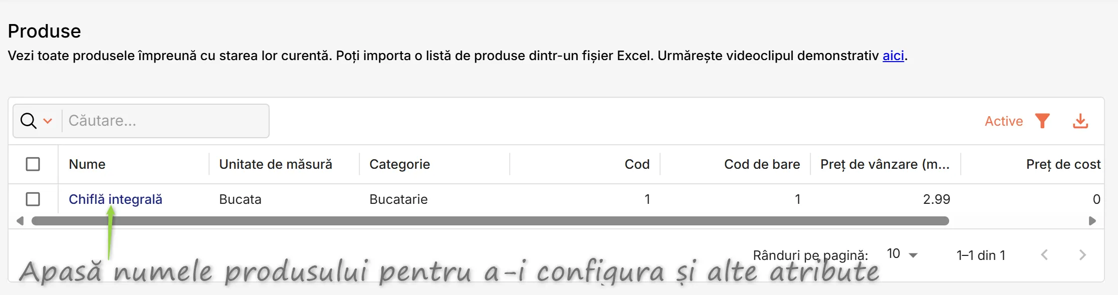 Deschide produsul pentru editare, pentru configurări ulterioare