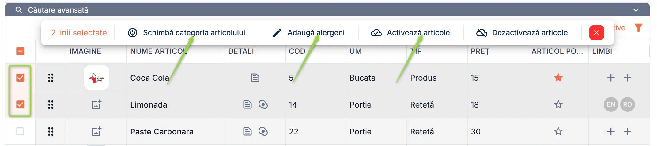 Acțiuni în bloc pe articole