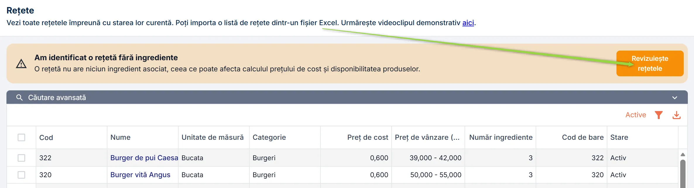 Atenționare pentru rețetele fără ingrediente
