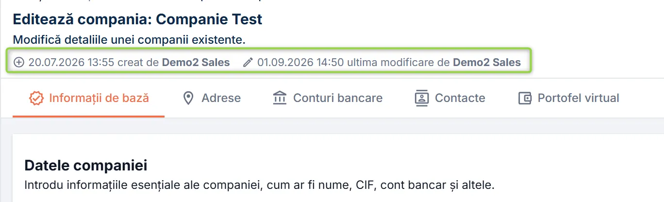 Data, ora și utilizatorul care a creat / modificat compania Data, ora și utilizatorul care a creat / modificat compania