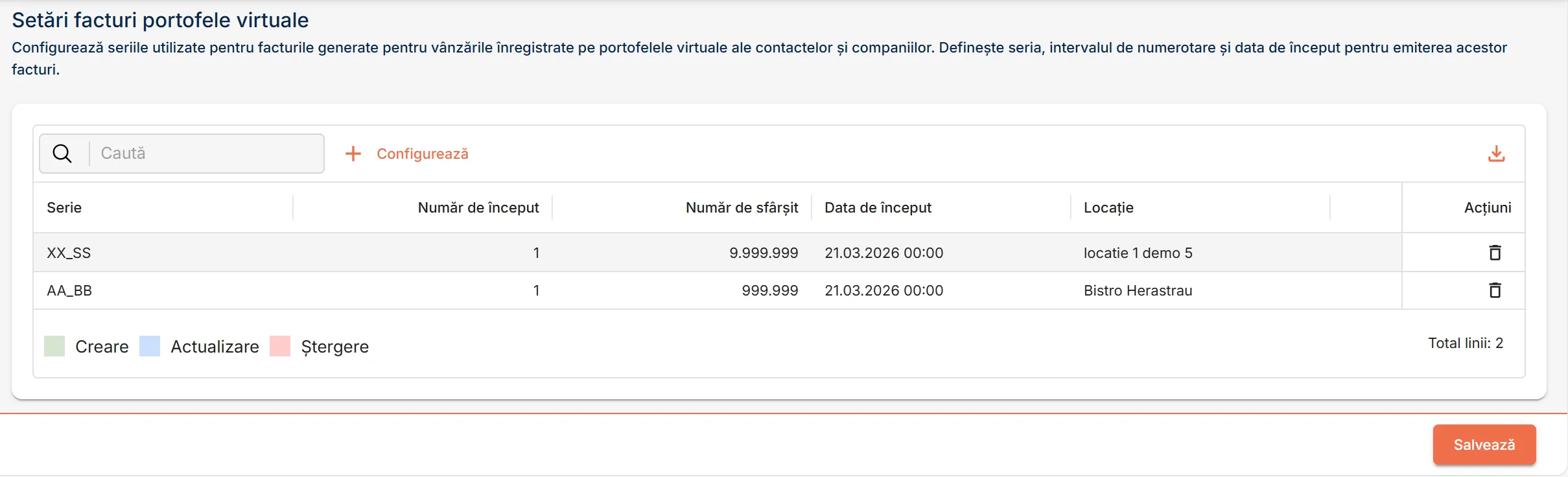Pagina Setări facturi Pagina Setări facturi