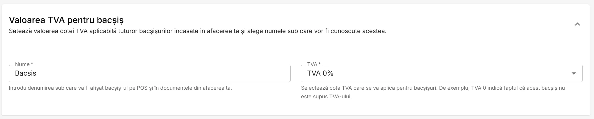 Secțiunea Valoarea TVA pentru bacșiș