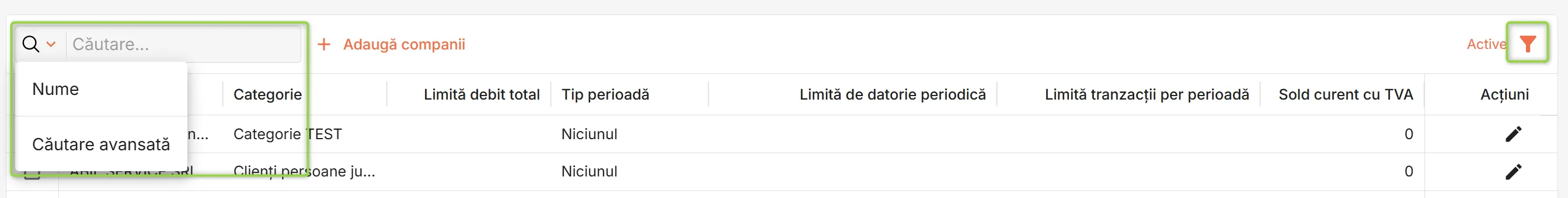 Filtrare și căutare portofel