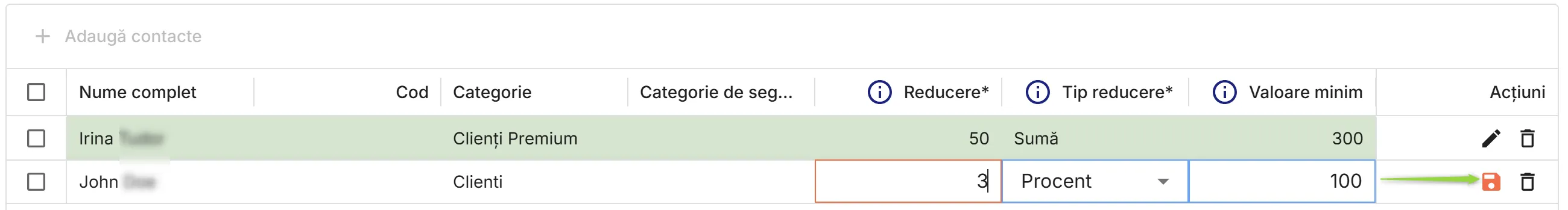 Definire reduceri pentru contactele selectate