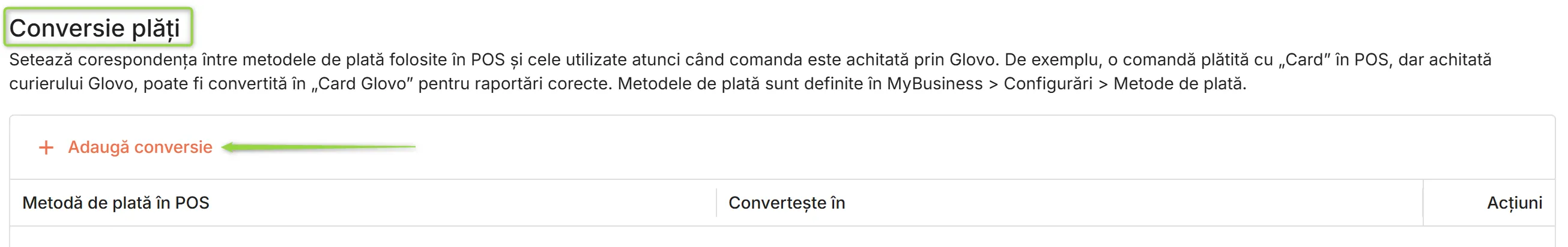 Secțiunea Conversie plăți