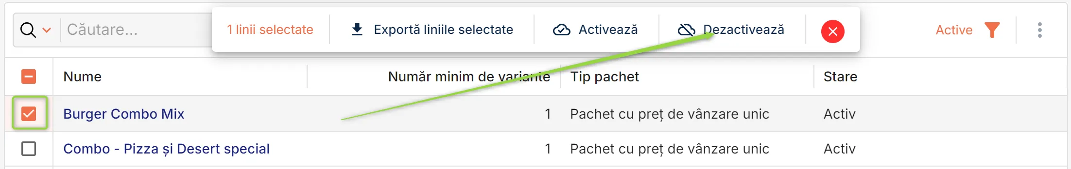 Dezactivează pachet Dezactivează pachet