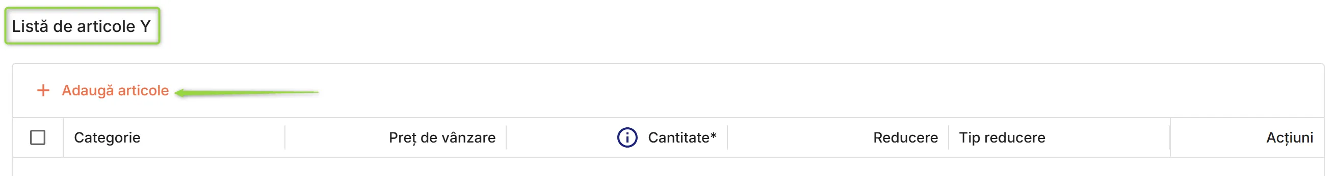Lista de articole Y, cele primite cu reducere la achiziționarea articolelor din lista X