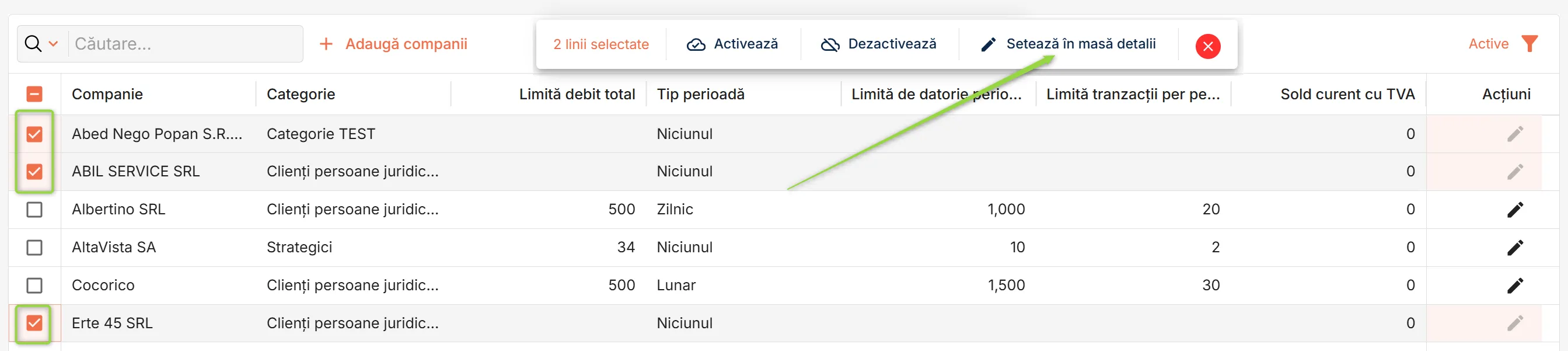 Alege companiile pentru setarea detaliilor în masă