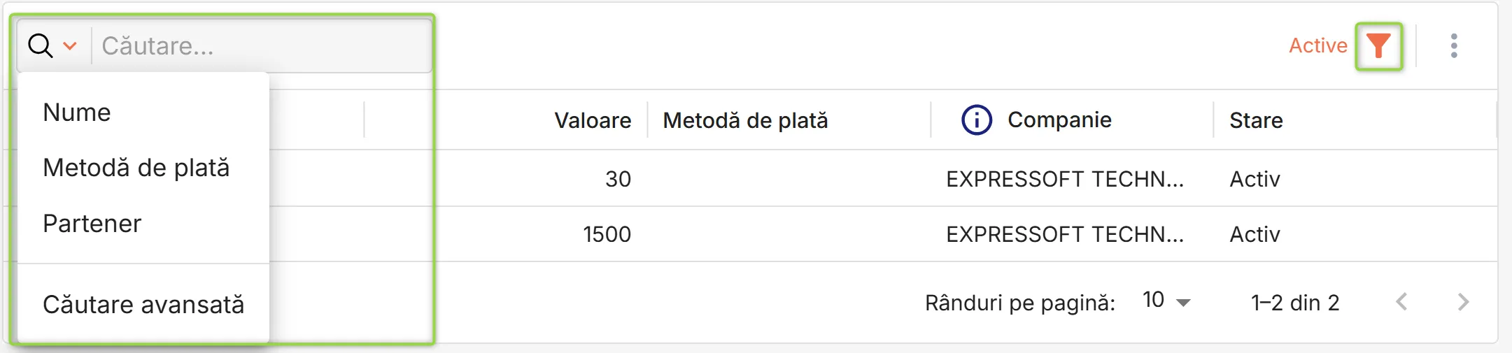 Filtrare și căutare tichete de masă