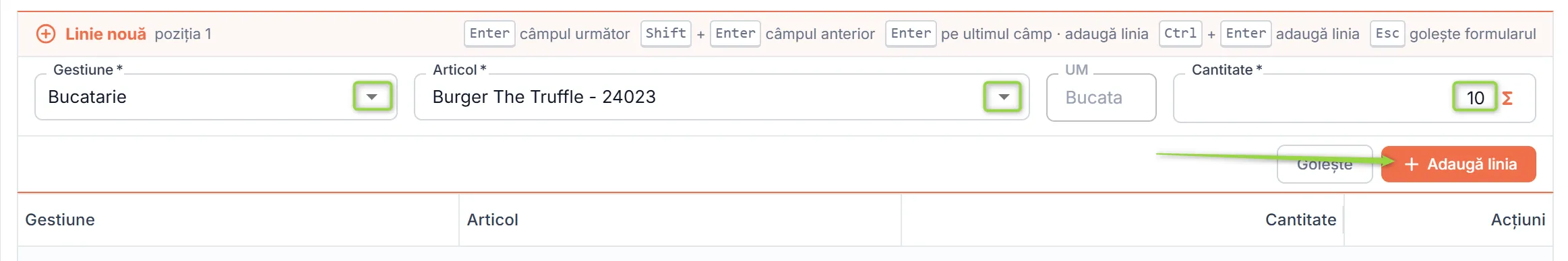 Alege gestiunea, articolul și introdu cantitatea