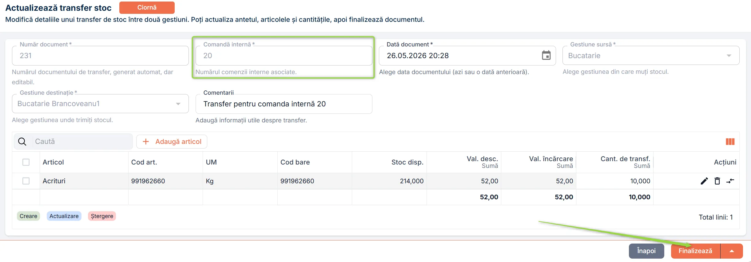 Finalizează transferul generat automat pentru a actualiza stocurile