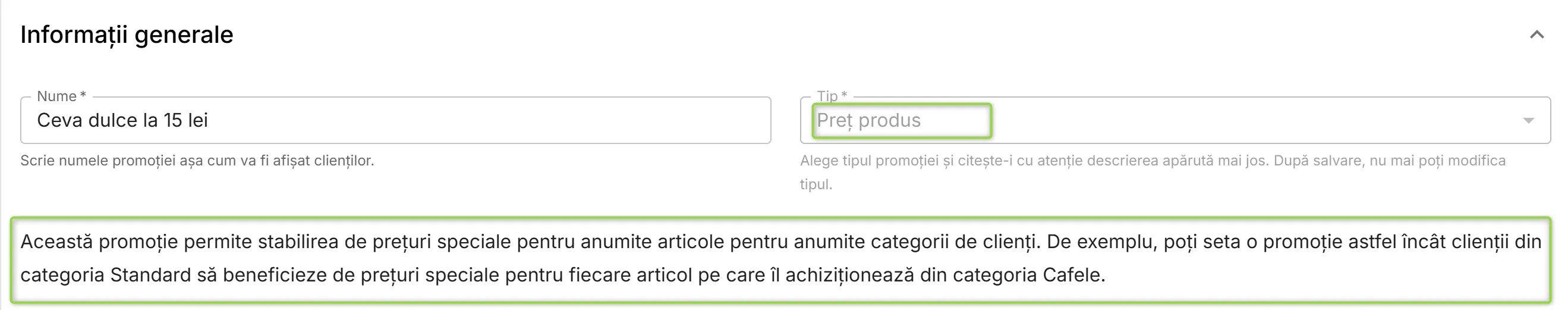 Promoție de tip Preț produs