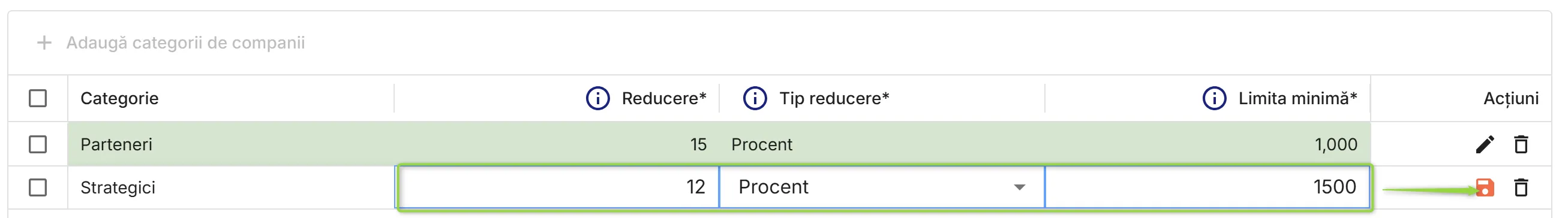 Definire reduceri pentru categoriile de companii selectate