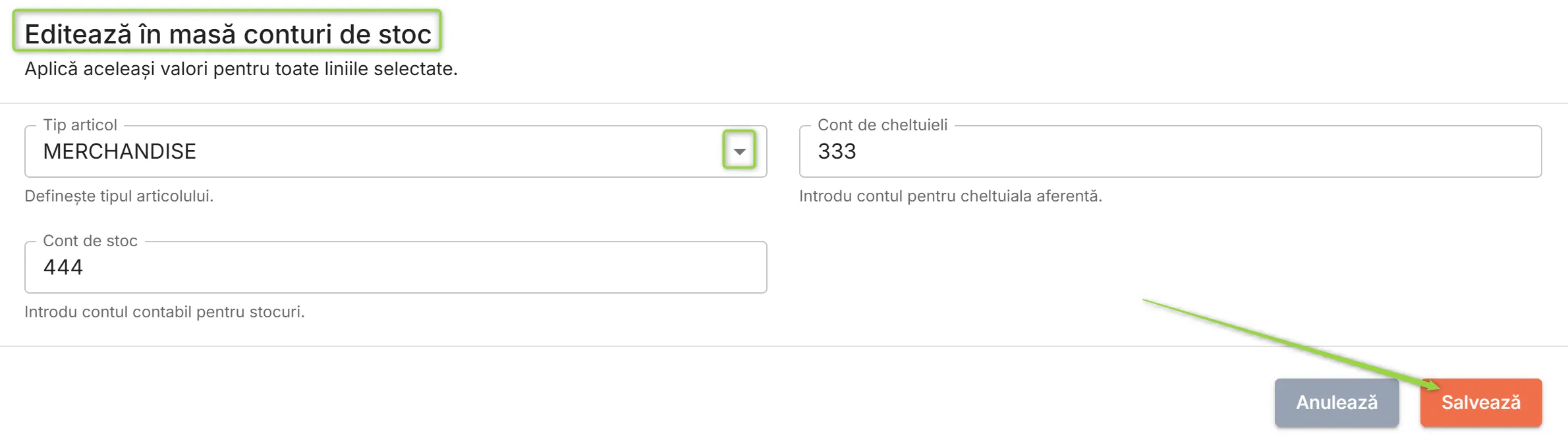 Editează în masă conturi de stoc