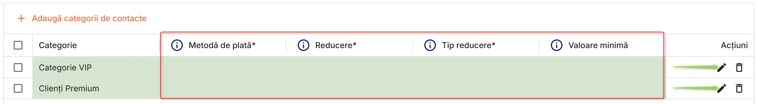 Editare categorii de contacte selectate