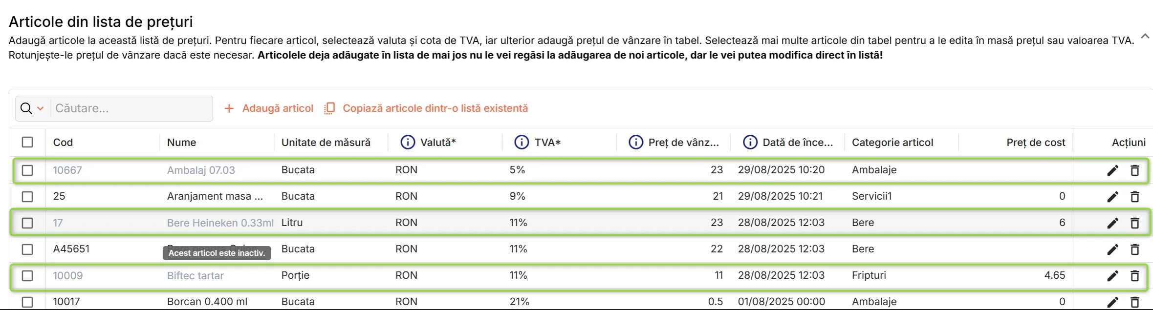 Articolele dezactivate sunt afișate cu gri