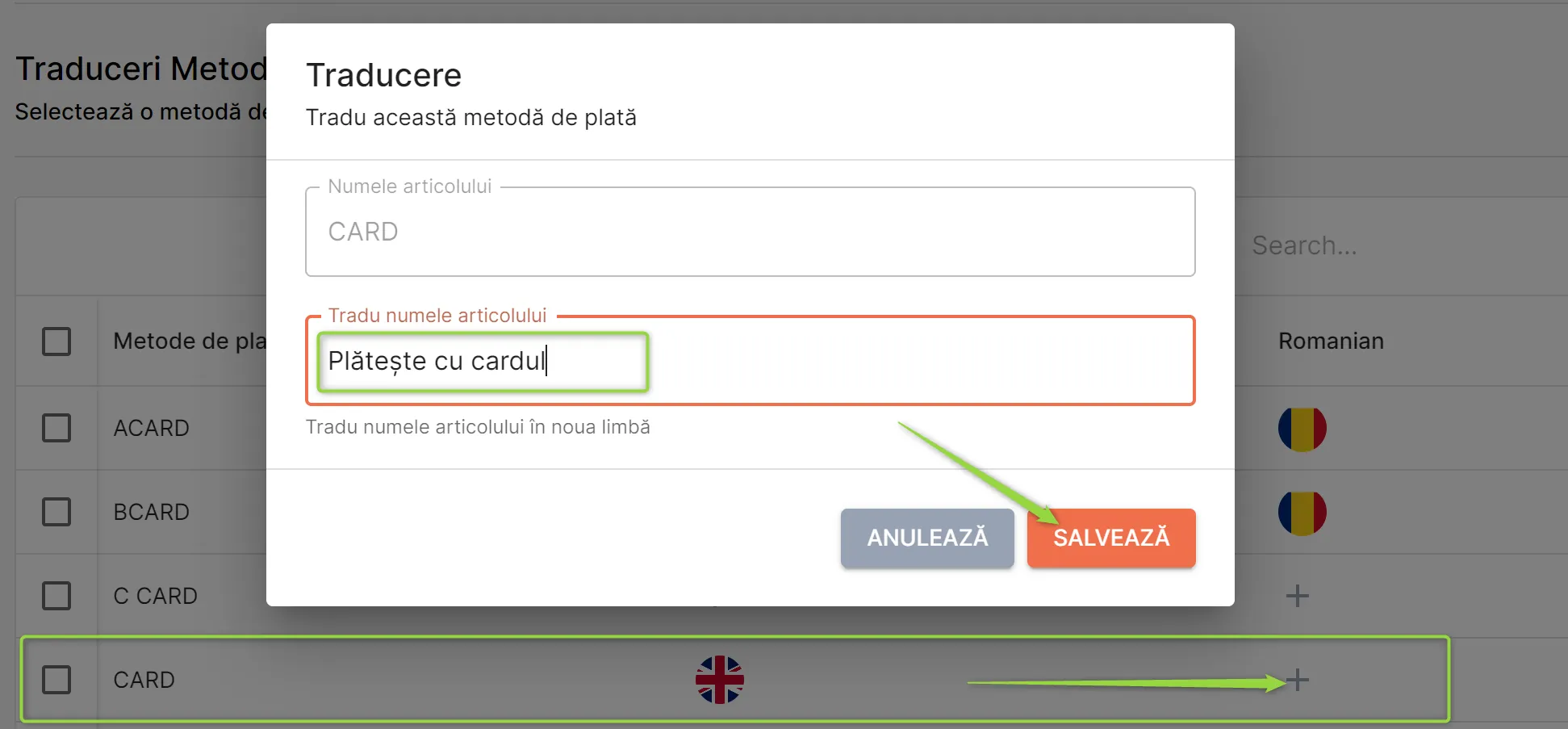 Adaugă o traducere pentru metoda de plată dorită Adaugă o traducere pentru metoda de plată dorită