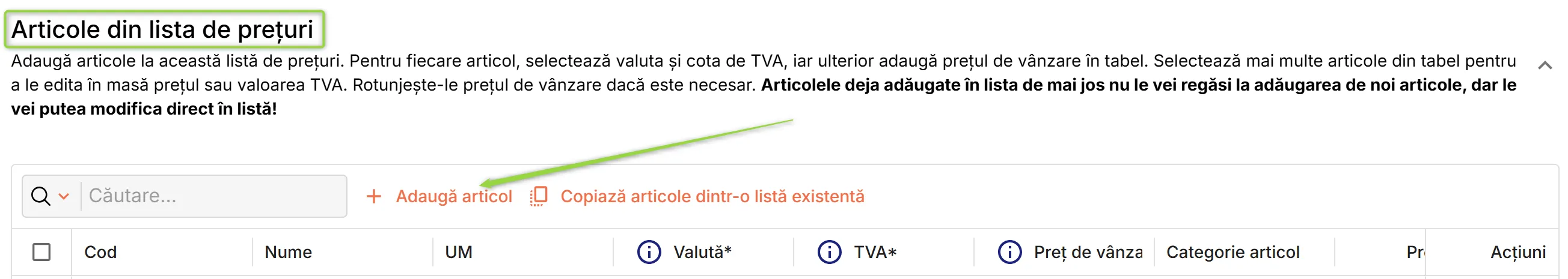 Secțiunea Articole din lista de prețuri