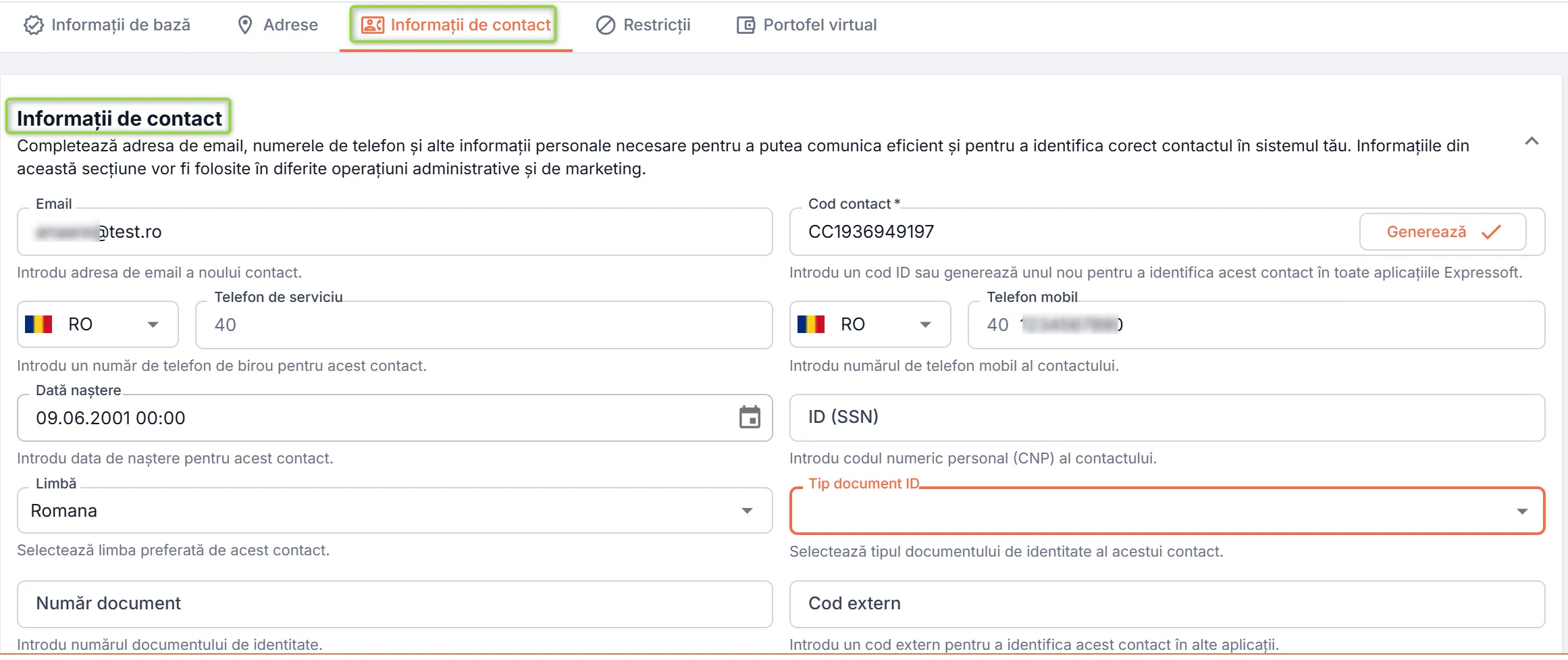 Secțiunea Informații de contact Secțiunea Informații de contact