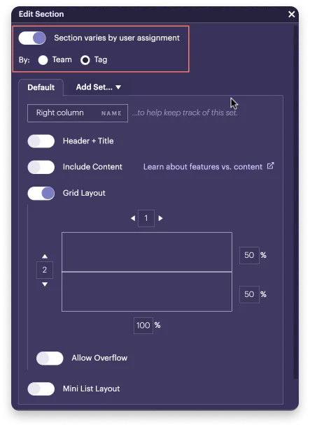 Section settings Section settings