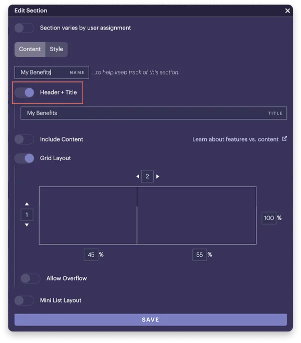 Section settings Section settings