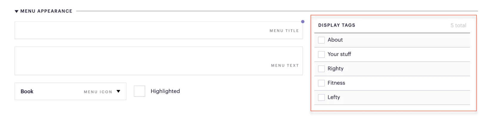 Menu appearance settings within content