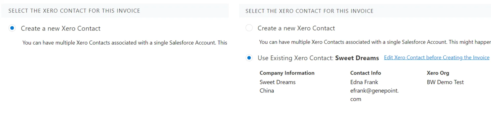 Xero Contact Selection