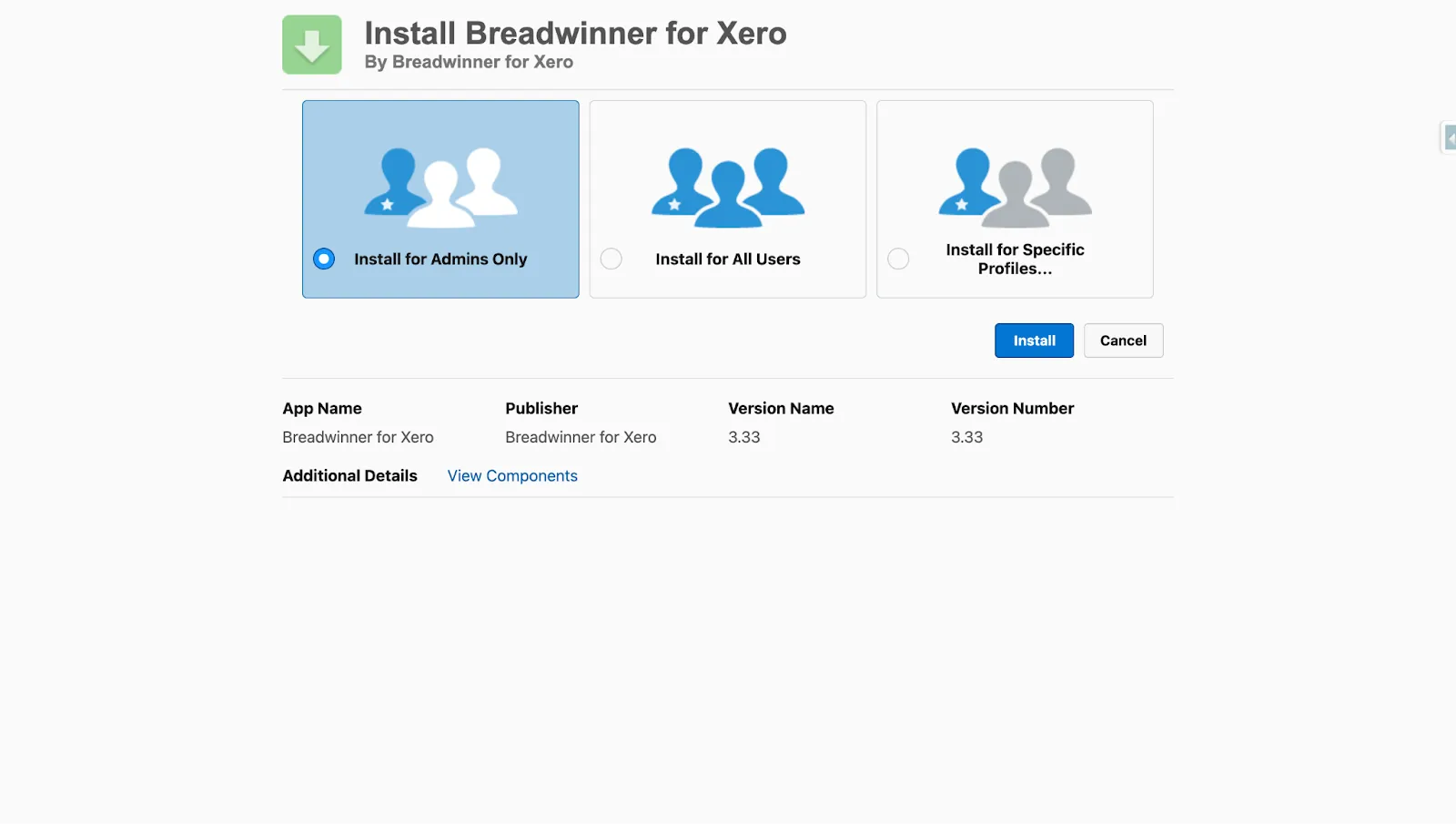 Install Breadwinner for Xero Profile Selection page