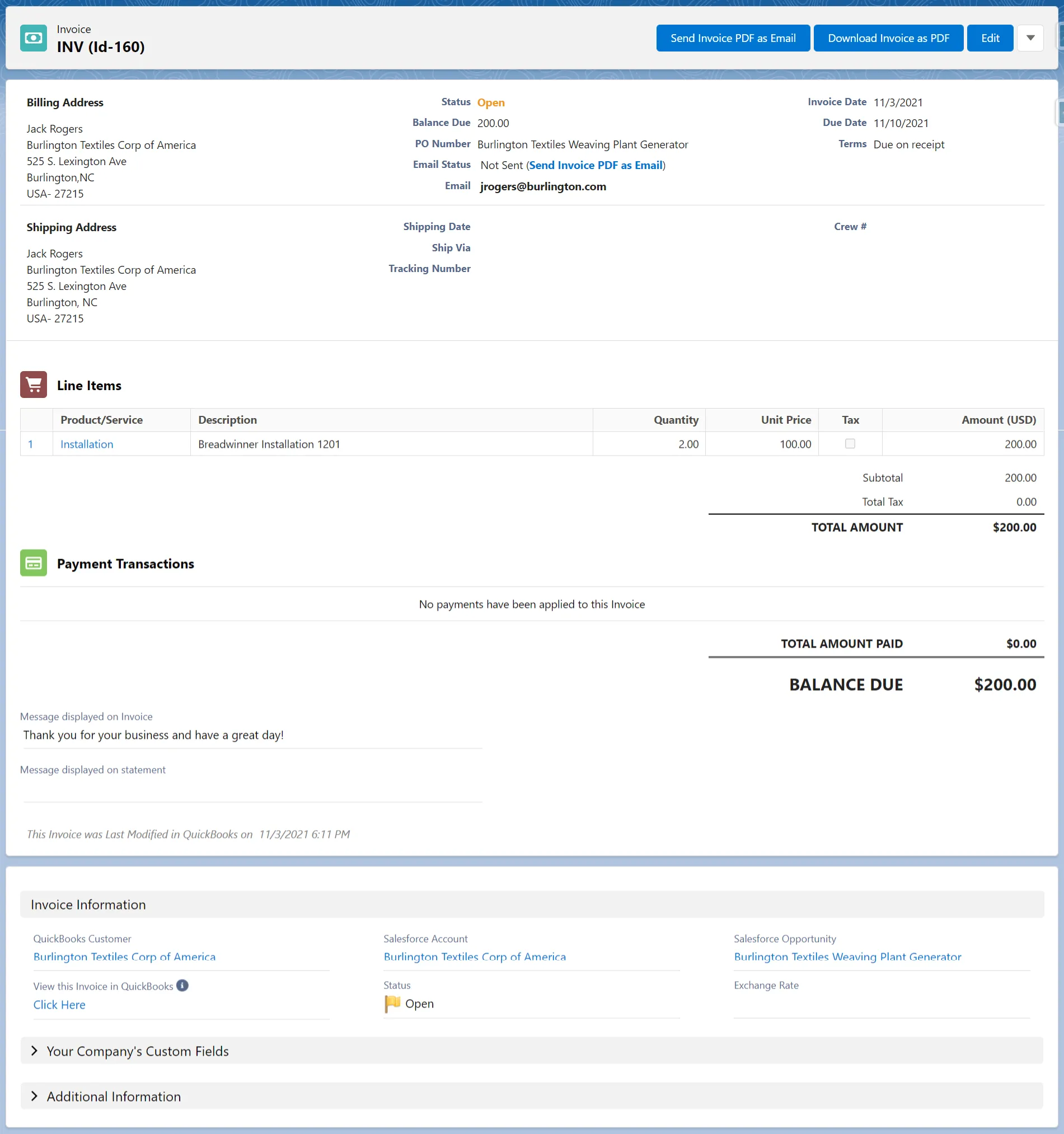 Newly Created Invoice page Newly Created Invoice page