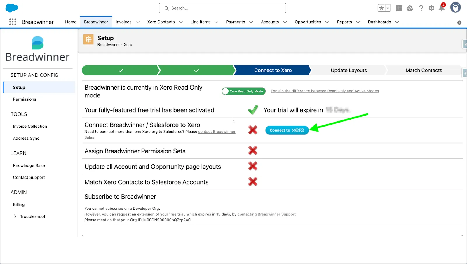 Breadwinner for Xero Setup page