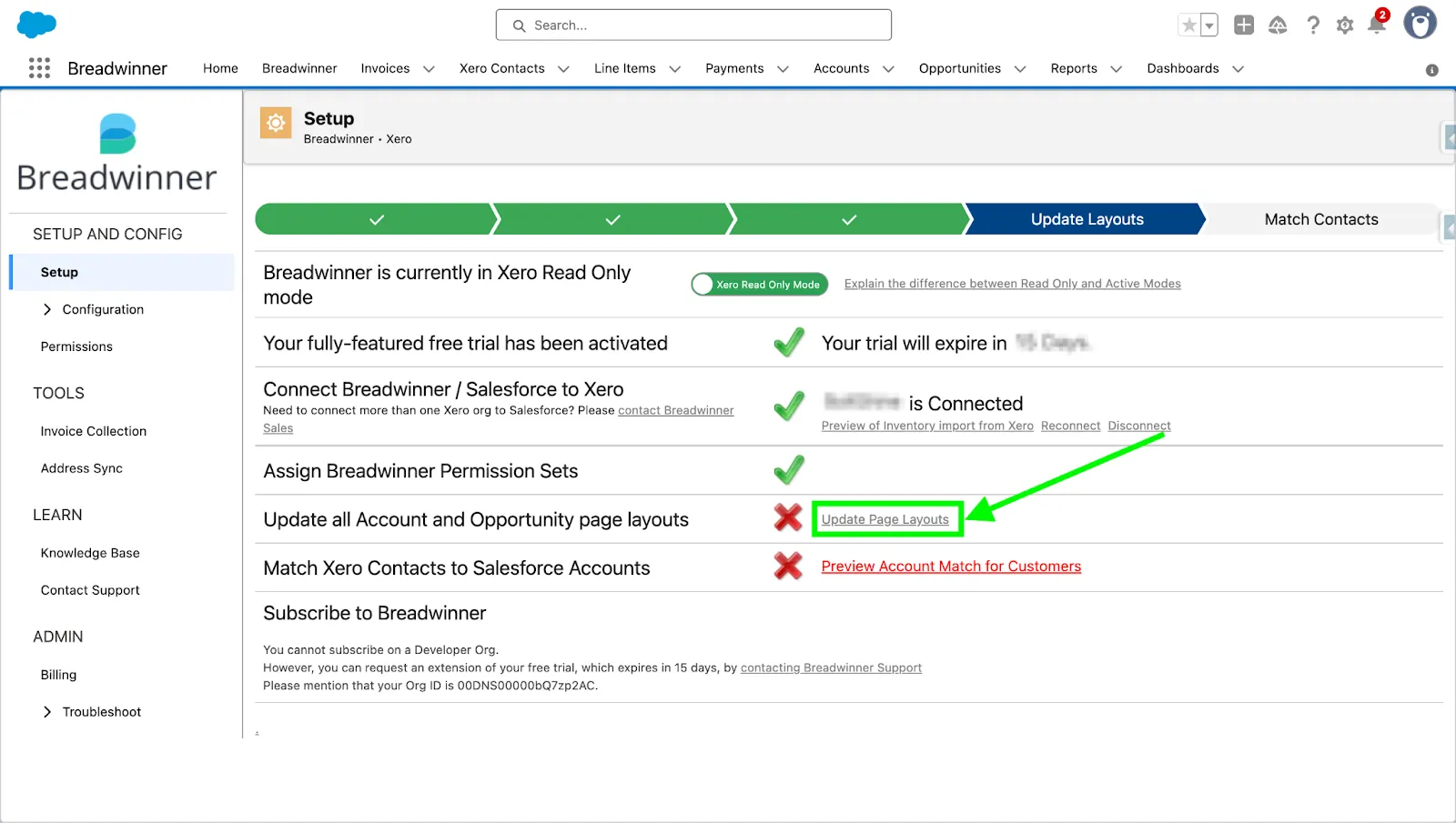 Breadwinner for Xero Update page layout link