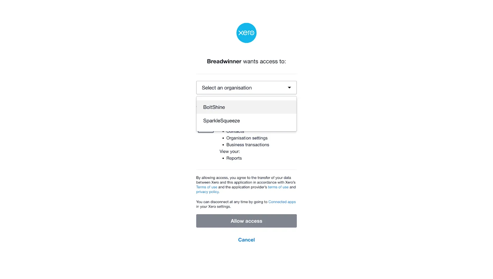 Breadwinner for Xero Xero org selection page