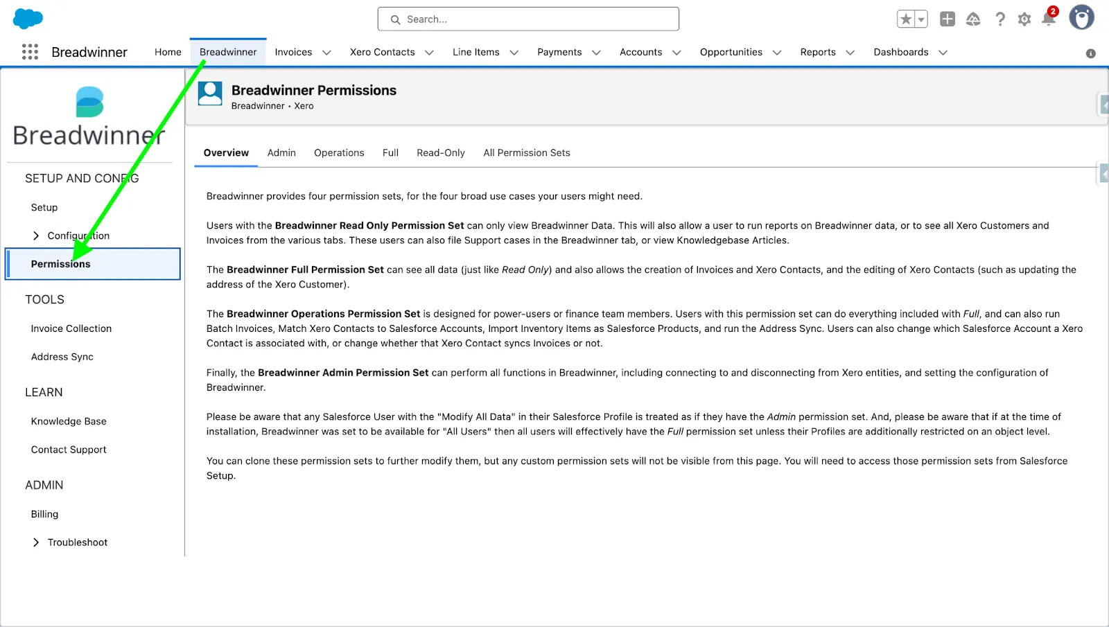 Breadwinner for Xero permission descriptions