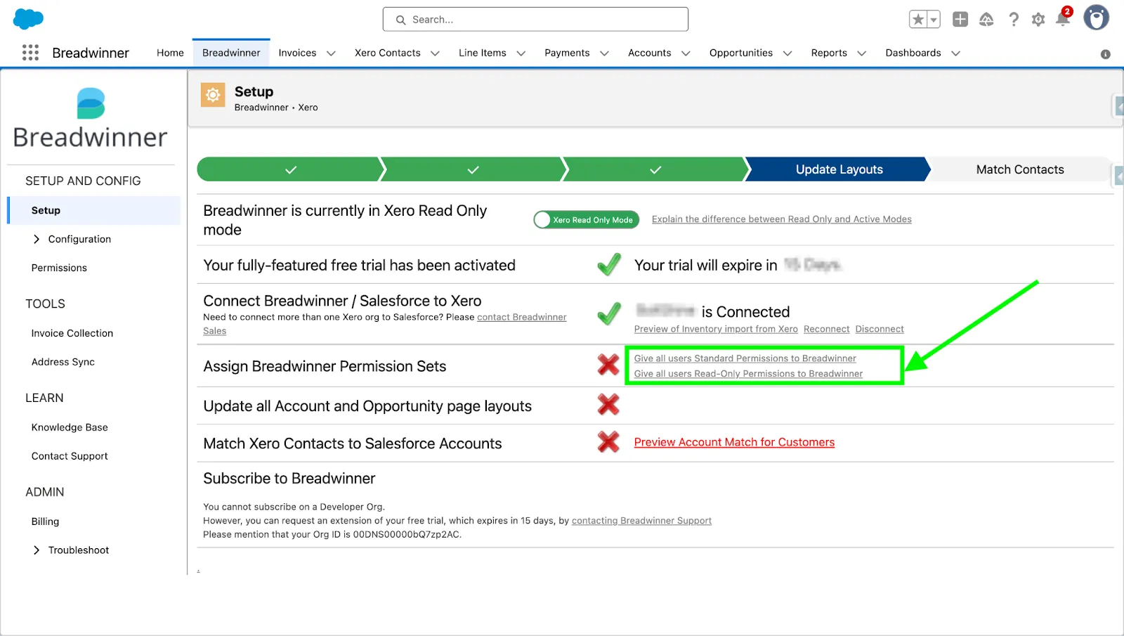 Breadwinner for Xero Assign permission links