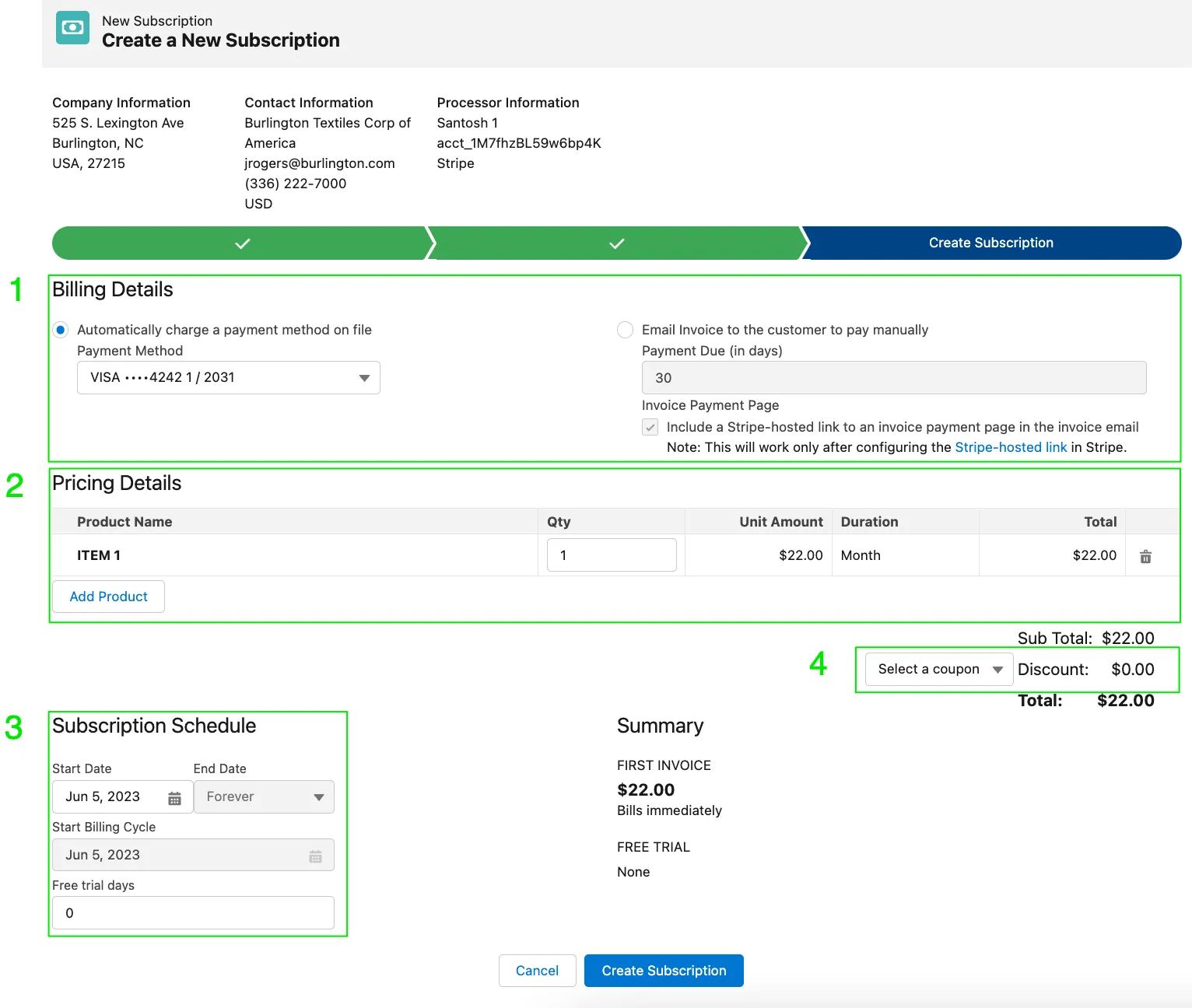 Create Subscription page