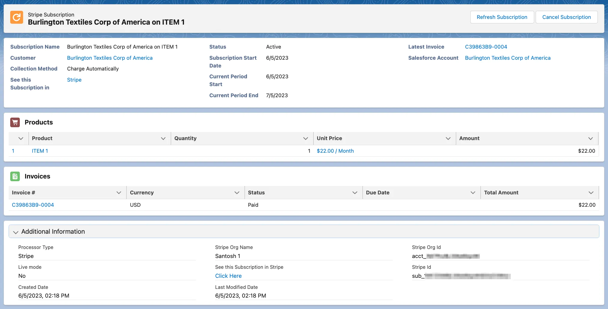 Subscription information page