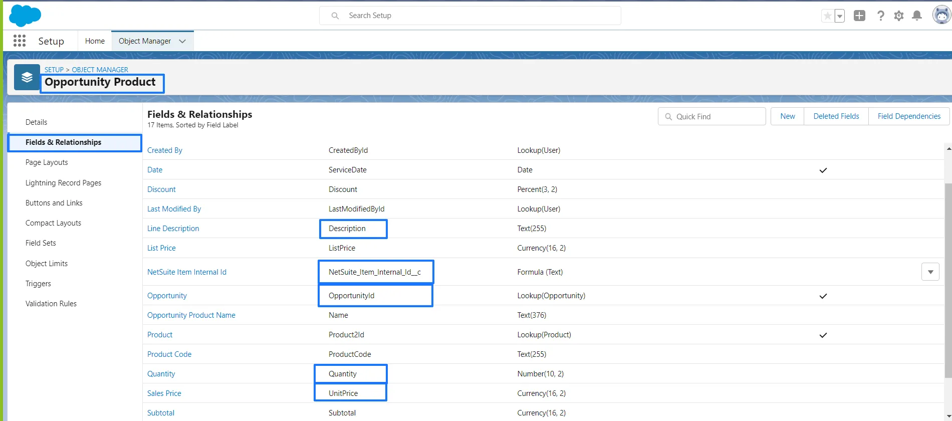 Line Item Salesforce API Names